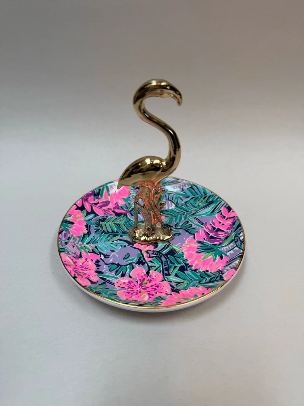 Lilly Pulitzer Flamingo Painted Palm Ring Holder Porcelain Round Dish Trinket
